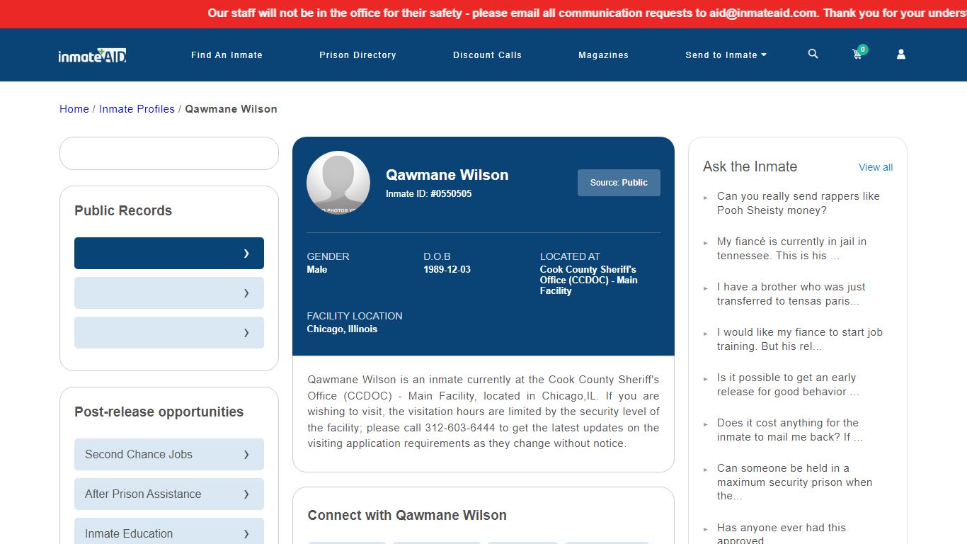 Inmate Search: Qawmane Wilson 0550505, Chicago, Illinois